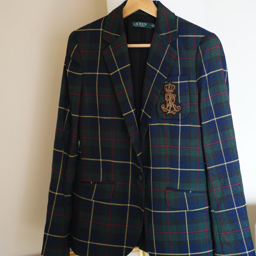Ralph Lauren Green Tartan Plaid Blazer with Crest
